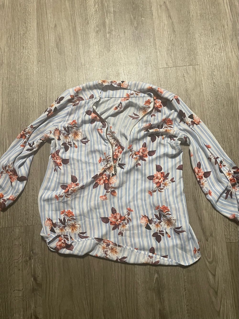 Striped Floral Long-Sleeve Blouse - Blue & Coral Floral